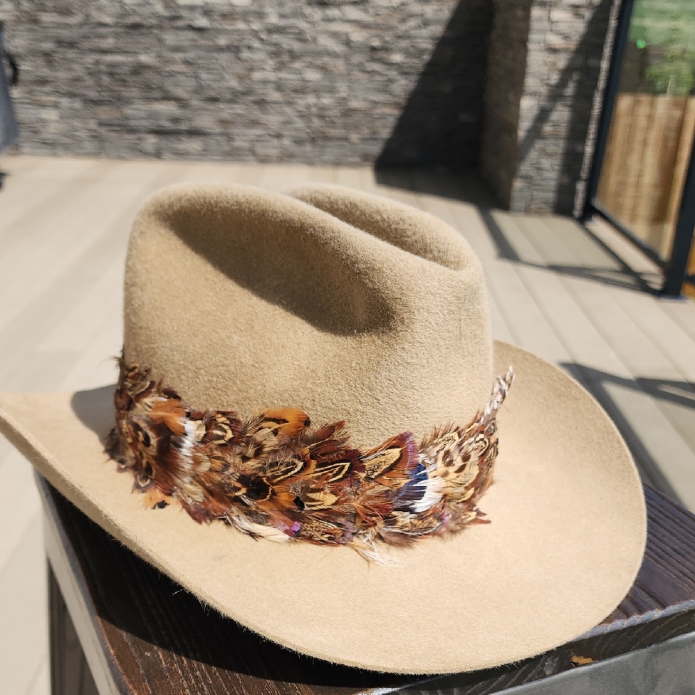 7.5 60cm Biltmore Vintage Tan Felt Feather-Trimmed Mens Cowboy Hat Western Rodeo